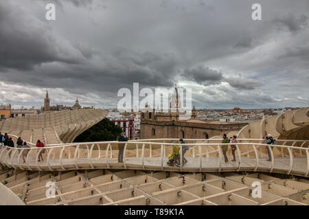 Seville, Spain - April 06, 2019:  View from the top of the Space Metropol Parasol (Setas de Sevilla), a big structure where one have the best view of  Stock Photo