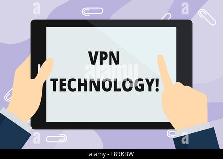 Handwriting text writing Vpn Technology. Conceptual photo programming that creates a safe and encrypted connection Hand Holding Pointing Touching Blan Stock Photo