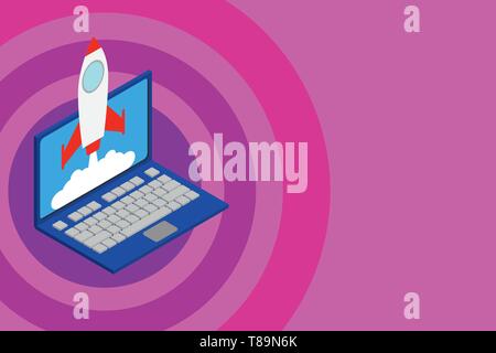 Rocket launching clouds laptop background. Startup project growing. SEO Design business Empty copy space text for Ad website promotion isolated Banner Stock Vector