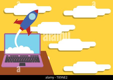 Successful rocket launching clouds out laptop background. Startup ...