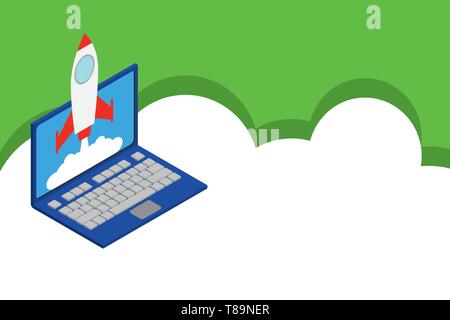 Rocket launching clouds laptop background. Startup project growing. SEO Business concept Empty template copy space isolated Posters coupons promotiona Stock Vector