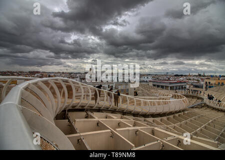 Seville, Spain - April 06, 2019:  View from the top of the Space Metropol Parasol (Setas de Sevilla), a big structure where one have the best view of  Stock Photo