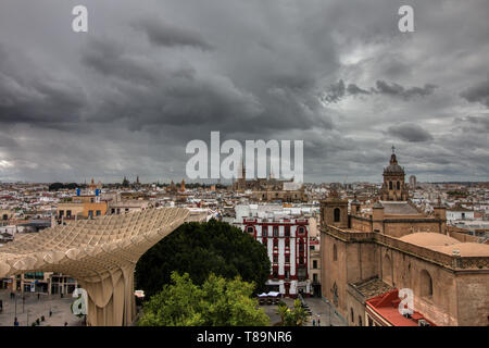 Seville, Spain - April 06, 2019:  View from the top of the Space Metropol Parasol (Setas de Sevilla), a big structure where one have the best view of  Stock Photo