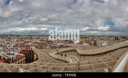 Seville, Spain - April 06, 2019:  View from the top of the Space Metropol Parasol (Setas de Sevilla), a big structure where one have the best view of  Stock Photo
