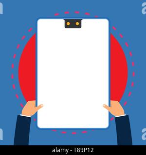 White rectangle clipboard with blue frame has two holes holds by hands Design business Empty template isolated Minimalist graphic layout template for  Stock Vector
