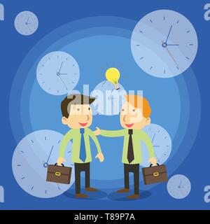 Two White Businessmen Colleagues with Brief Cases Sharing Idea Solution Design business concept Empty copy text for Web banners promotional material m Stock Vector