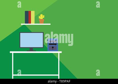 Desktop computer wooden table background shelf books flower pot ornaments Design business concept Empty template copy space text for Ad website isolat Stock Vector