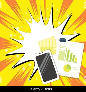 Layout Smartphone Off Sticky Notes Clipboard with Pie Chart and Bar Graph Design business concept Empty copy space modern abstract background Stock Vector