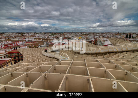Seville, Spain - April 06, 2019:  View from the top of the Space Metropol Parasol (Setas de Sevilla), a big structure where one have the best view of  Stock Photo