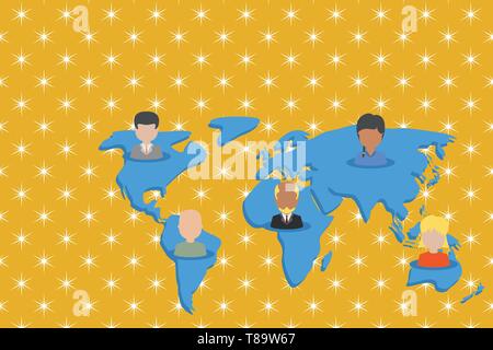 Connection multiethnic persons all over world. Global business earth map Design business concept Empty copy text for Web banners promotional material  Stock Vector