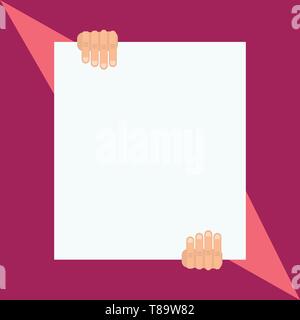 Two hands hold one big empty blank white paper placed on top and bottom Business Empty template for Layout for invitation greeting card promotion post Stock Vector
