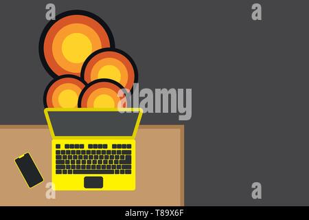 Upper view office working place laptop lying wooden desk smartphone side Design business Empty template isolated Minimalist graphic layout template fo Stock Vector