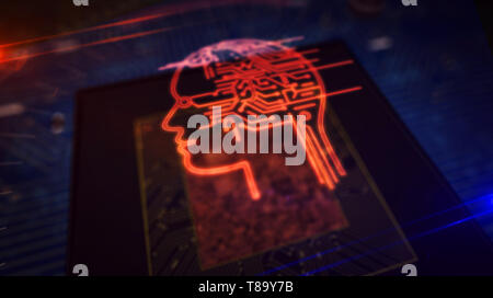 Artificial intelligence, cybernetic brain, analysing and deep machine learning concept with ai head hologram over working cpu in background. Circuit b Stock Photo