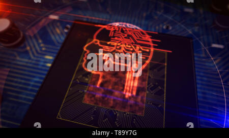 Artificial intelligence, cybernetic brain, analysing and deep machine learning concept with ai head hologram over working cpu in background. Circuit b Stock Photo