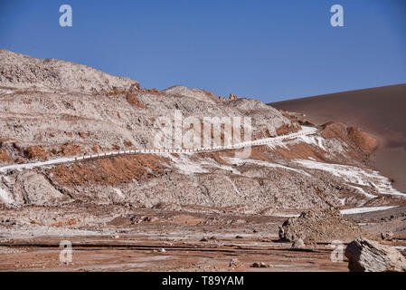 Salt, sand, and desertscape in the Moon Valley, San Pedro de Atacama, Chile Stock Photo