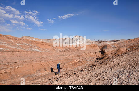 Tourist enjoying the salt, sand, and desertscape in the Moon Valley, San Pedro de Atacama, Chile Stock Photo