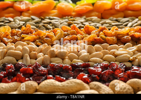 Various nuts with dried fruits, closeup Stock Photo