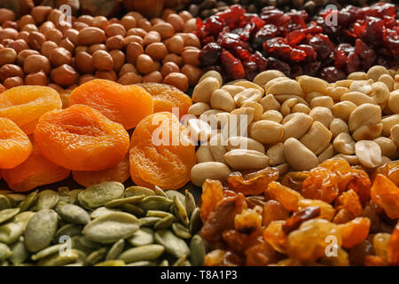 Various nuts with dried fruits, closeup Stock Photo