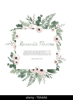 Floral wreath with green eucalyptus leaves, flower rose, anemone . Frame border with copy space. Stock Photo