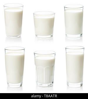 set of various glasses with milk isolated on white background and clipping path Stock Photo