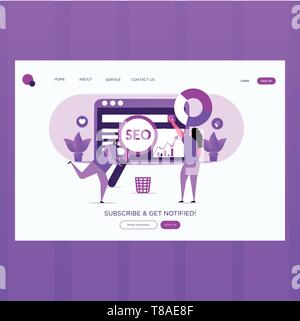 seo optimization- Vector illustration landing page seo optimization with character. Stock Vector