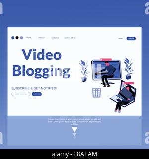 Video Blogging- landing page. Modern flat design concept of web page design for website and mobile Stock Vector