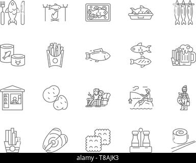 Fish and chips line icons, signs, vector set, outline illustration concept  Stock Vector