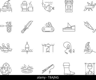 Fishing supplies line icons, signs, vector set, outline illustration concept  Stock Vector