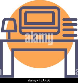 Work place or office work icon. Vector icon with computer table lamp and mini self Stock Vector