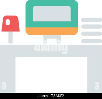 Work place or office work icon. Vector icon with computer table lamp and mini self Stock Vector