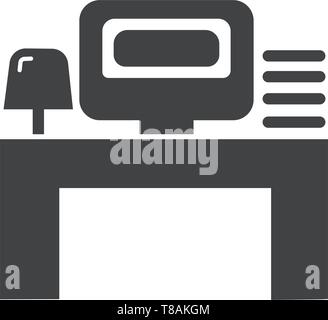 Work place or office work icon. Vector icon with computer table lamp and mini self Stock Vector