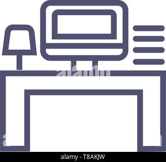 Work place or office work icon. Vector icon with computer table lamp and mini self Stock Vector