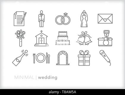 Set of 15 wedding line icons for marriage, ceremony and reception Stock Vector