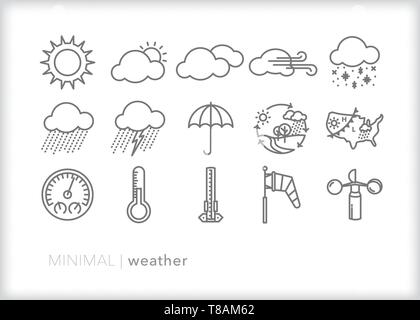 Set of 15 weather line icons for showing rain, sun, snow, wind, temperature, weather cycle and forecast Stock Vector