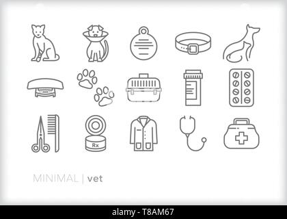 Set of 15 vet line icons for veterinarian treating pets Stock Vector