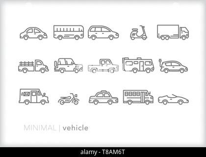 Set of 15 vehicle line icons of automobiles for transportation Stock Vector