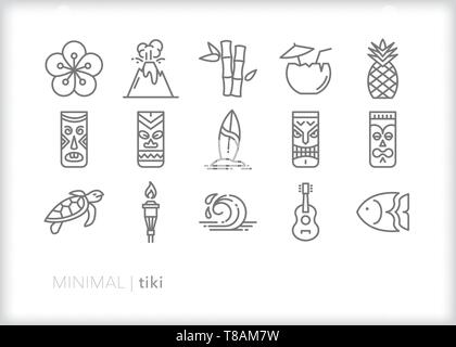 Set of 15 tiki line icons of Polynesian or Hawaiian tiki party or bar Stock Vector