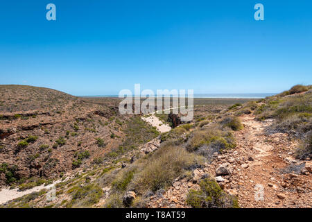 View from the Mandu Mandu Gorge at Cape Range National Park towards the Indian Ocean in Australia Stock Photo