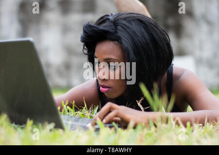 pretty woman lying on herbs, is focused on her laptop in front of her. Stock Photo