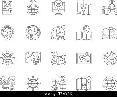 Geo tags line icons, signs set, vector. Geo tags outline concept ...