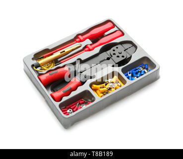 Different electrician's tools on white background Stock Photo