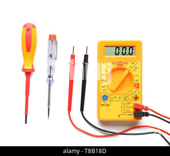 Different electrician's tools on white background Stock Photo
