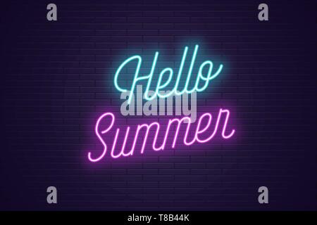 Neon lettering of Hello Summer. Glowing headline, bright neon cursive text of Hello Summer. Title template for web banner and poster. Blue and purple  Stock Vector
