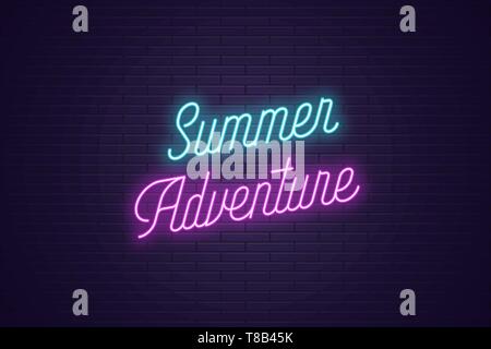 Neon lettering of Summer Adventure. Glowing headline, bright neon cursive text of Summer Adventure. Title template for web banner and poster. Blue and Stock Vector