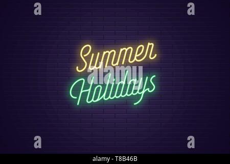 Neon lettering of Summer Holidays. Glowing headline, bright neon cursive text of Summer Holidays. Title template for web banner and poster. Yellow and Stock Vector
