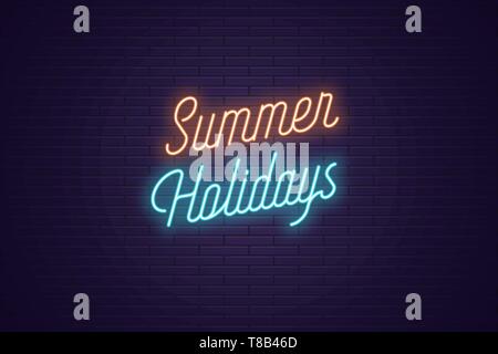 Neon lettering of Summer Holidays. Glowing headline, bright neon cursive text of Summer Holidays. Title template for web banner and poster. Orange and Stock Vector