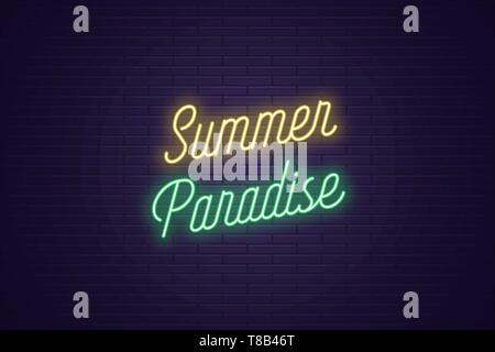 Neon lettering of Summer Paradise. Glowing headline, bright neon cursive text of Summer Paradise. Title template for web banner and poster. Yellow and Stock Vector
