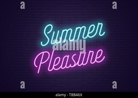 Neon lettering of Summer Pleasure. Glowing headline, bright neon cursive text of Summer Pleasure. Title template for web banner and poster. Blue and p Stock Vector