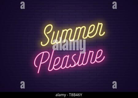 Neon lettering of Summer Pleasure. Glowing headline, bright neon cursive text of Summer Pleasure. Title template for web banner and poster. Yellow and Stock Vector