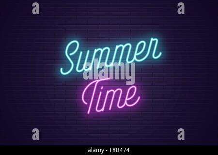 Neon lettering of Summer Time. Glowing headline, bright neon cursive text of Summer Time. Title template for web banner and poster. Blue and purple co Stock Vector